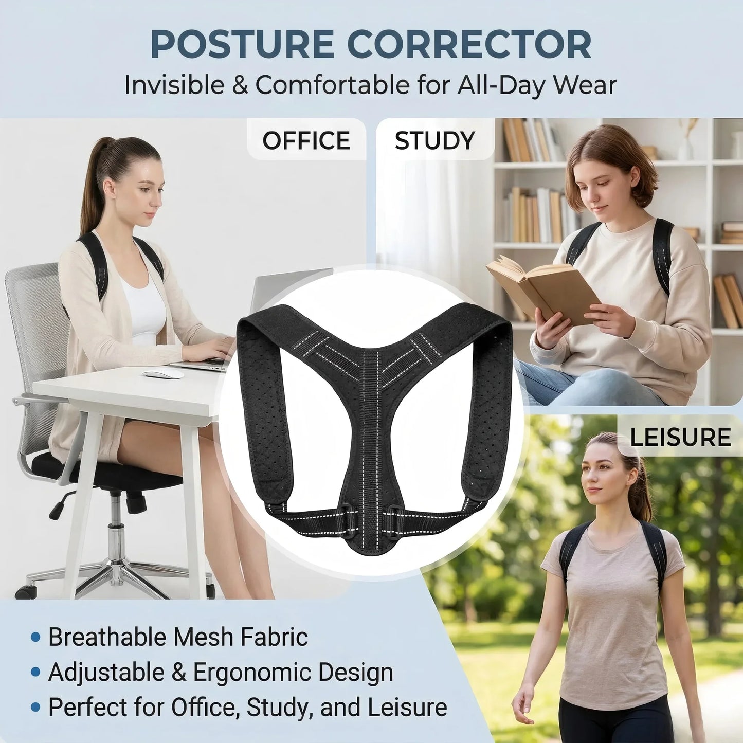 Unisex Breathable Back Posture Correction Belt Hunchback Prevention Sitting Posture Shaping Aid for Correct Body Alignment